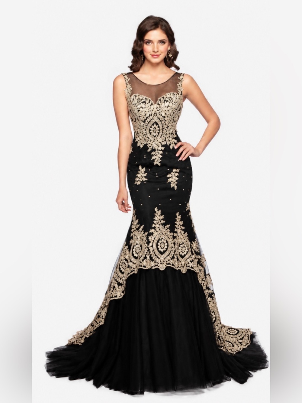 Black Gold Beaded Embroidered Corset Mermaid Gown Formal Prom Train